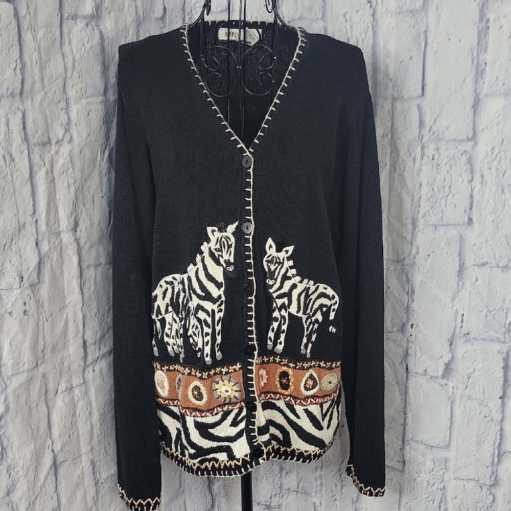 Arriviste Embroidered Tribal Style‎ Zebra Print Cardigan Sweater Large